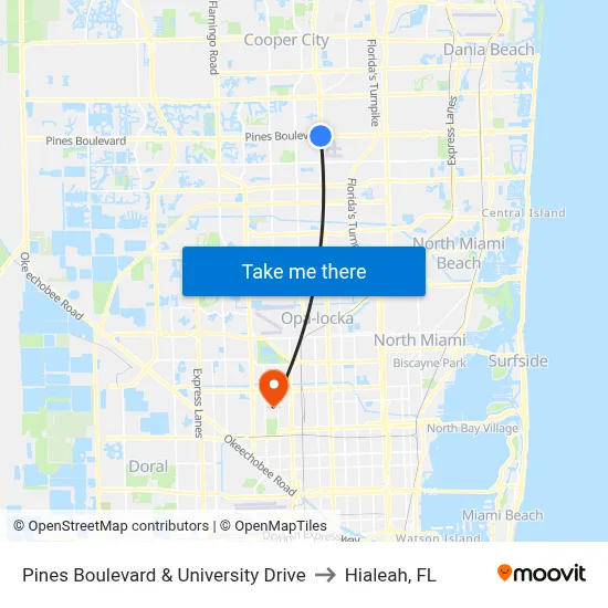 Pines Boulevard & University Drive to Hialeah, FL map