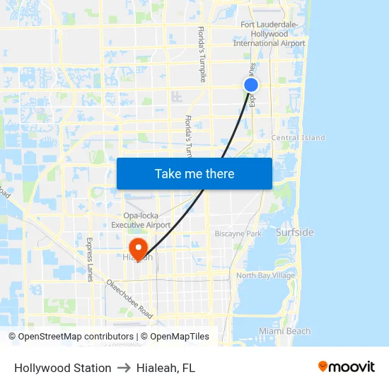 Hollywood Station to Hialeah, FL map