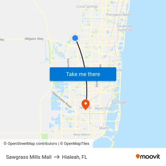 Sawgrass Mills Mall to Hialeah, FL map