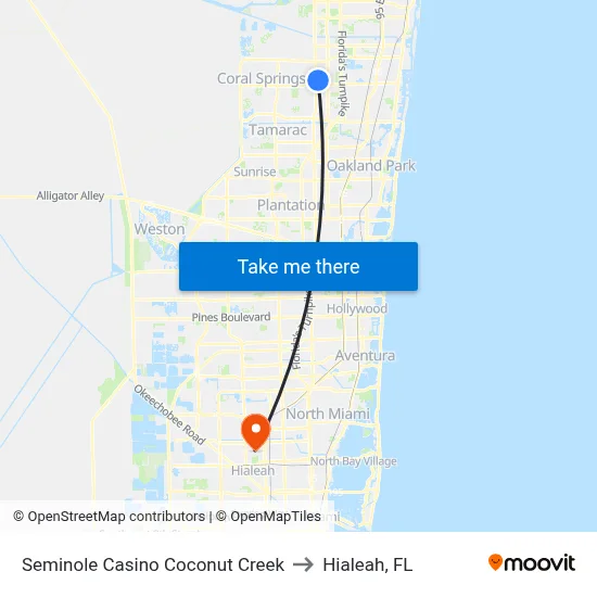Seminole Casino Coconut Creek to Hialeah, FL map