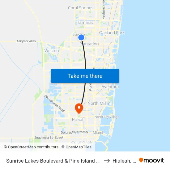 Sunrise Lakes Boulevard & Pine Island Road to Hialeah, FL map
