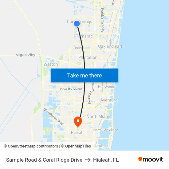 Sample Road & Coral Ridge Drive to Hialeah, FL map