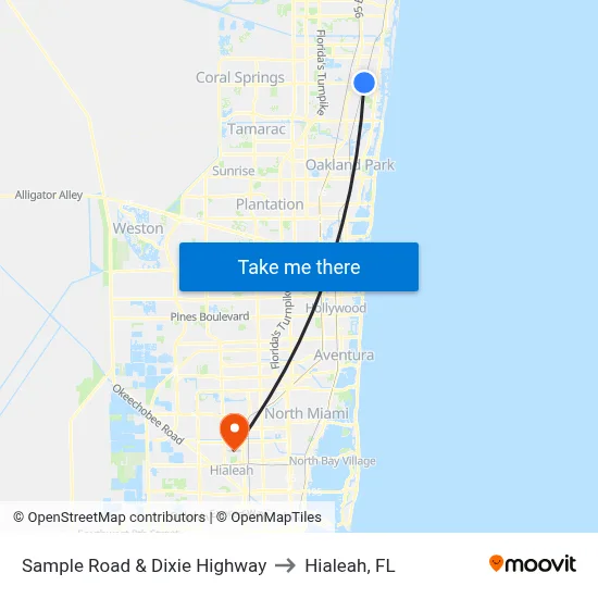 Sample Road & Dixie Highway to Hialeah, FL map