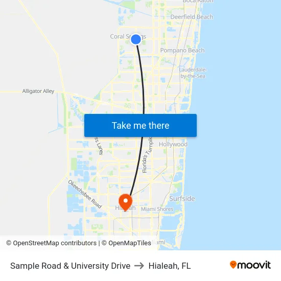 Sample Road & University Drive to Hialeah, FL map