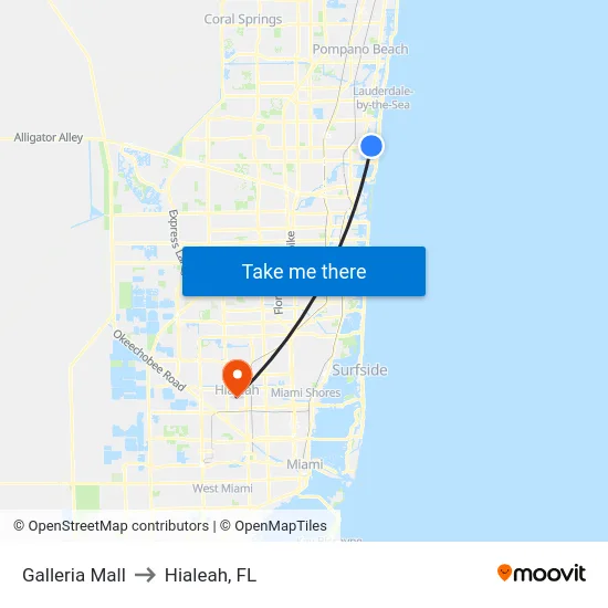 Galleria Mall to Hialeah, FL map