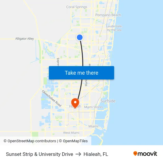 Sunset Strip & University Drive to Hialeah, FL map