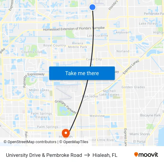 University Drive & Pembroke Road to Hialeah, FL map