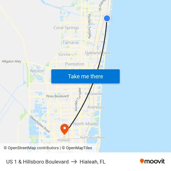 US 1 & Hillsboro Boulevard to Hialeah, FL map