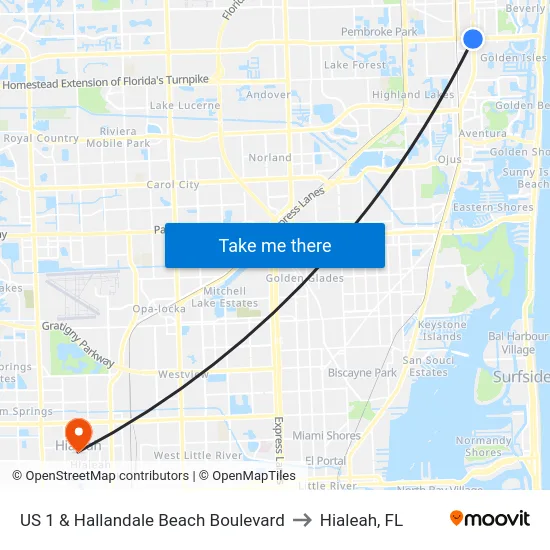 US 1 & Hallandale Beach Boulevard to Hialeah, FL map
