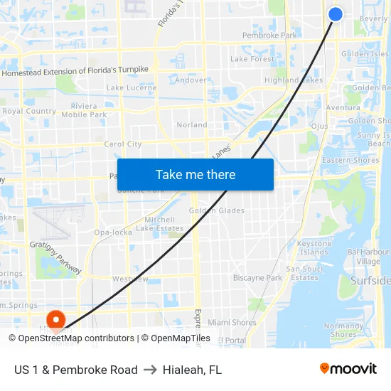 US 1 & Pembroke Road to Hialeah, FL map