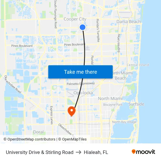 University Drive & Stirling Road to Hialeah, FL map