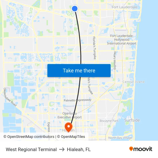 West Regional Terminal to Hialeah, FL map