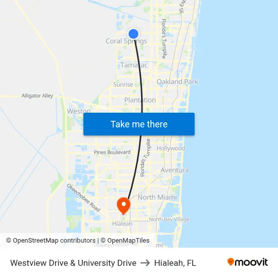 Westview Drive & University Drive to Hialeah, FL map