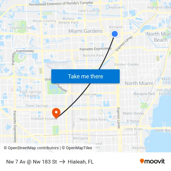 Nw 7 Av @ Nw 183 St to Hialeah, FL map
