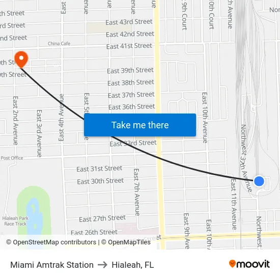 Miami Amtrak Station to Hialeah, FL map