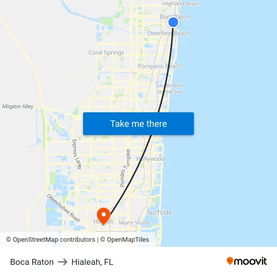 Boca Raton to Hialeah, FL map