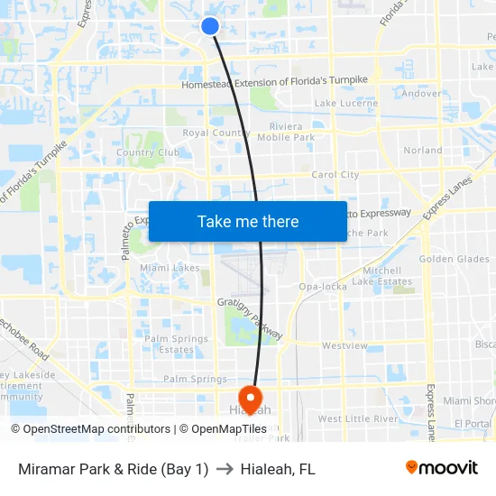 Miramar Park & Ride (Bay 1) to Hialeah, FL map