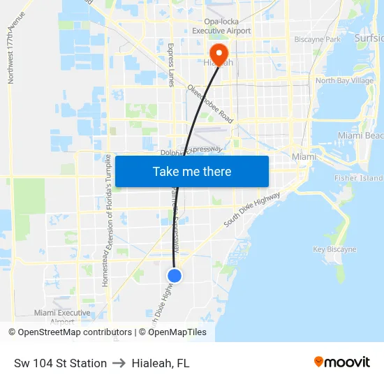 Sw 104 St Station to Hialeah, FL map