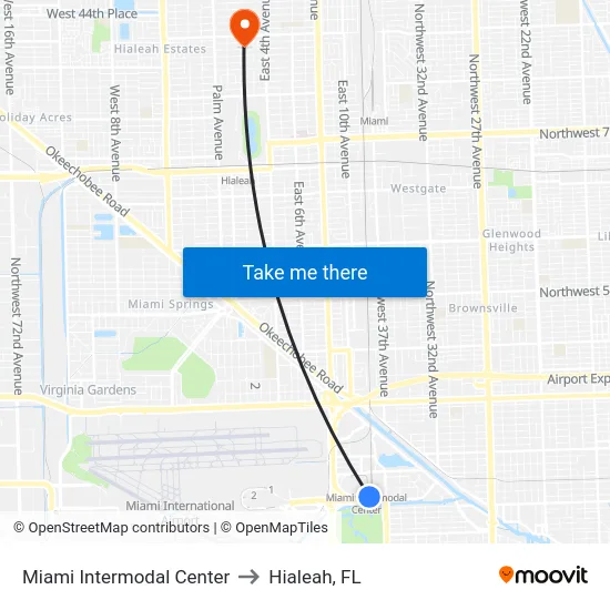 Miami Intermodal Center to Hialeah, FL map