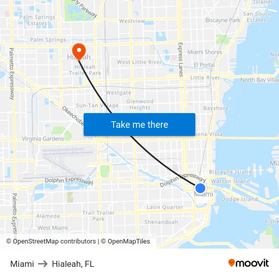 Miami to Hialeah, FL map