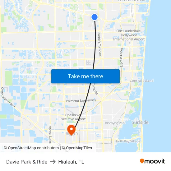 Davie Park & Ride to Hialeah, FL map