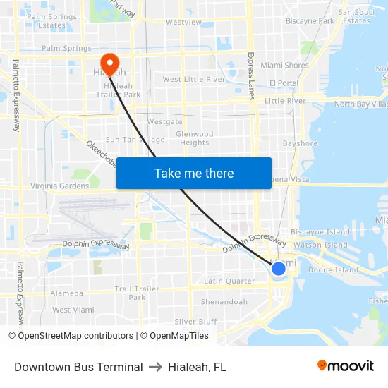 Downtown Bus Terminal to Hialeah, FL map