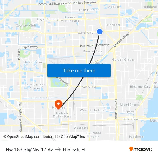 Nw 183 St@Nw 17 Av to Hialeah, FL map