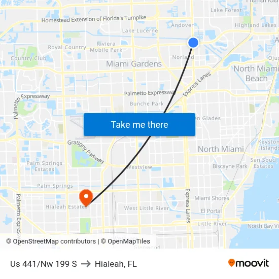 Us 441/Nw 199 S to Hialeah, FL map