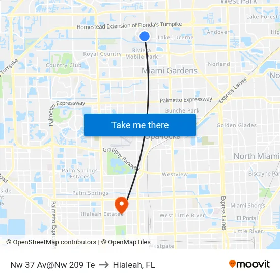 Nw 37 Av@Nw 209 Te to Hialeah, FL map