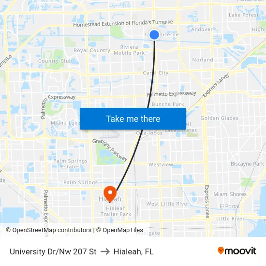 University Dr/Nw 207 St to Hialeah, FL map