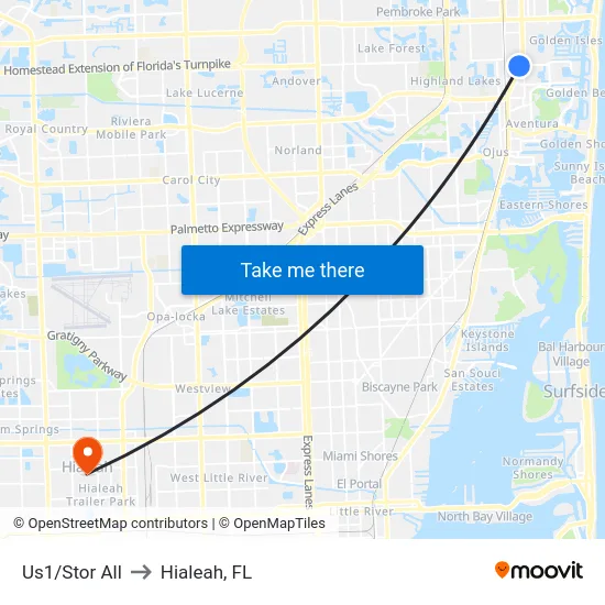 Us1/Stor All to Hialeah, FL map