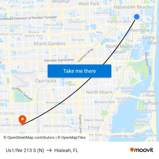 Us1/Ne 213 S (N) to Hialeah, FL map