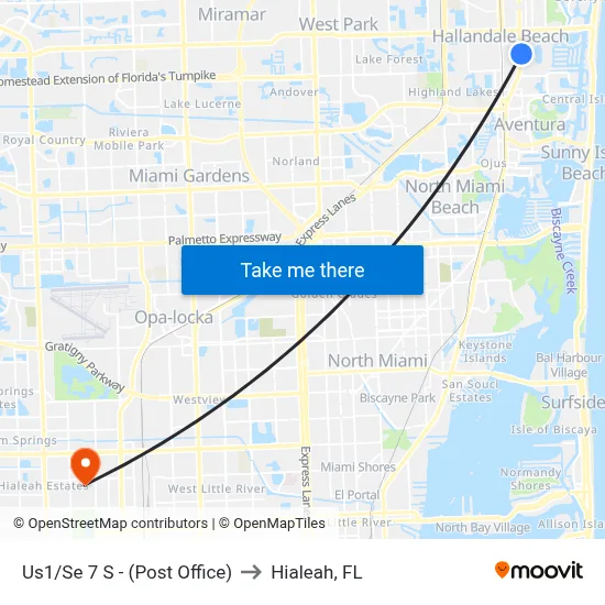 Us1/Se 7 S - (Post Office) to Hialeah, FL map