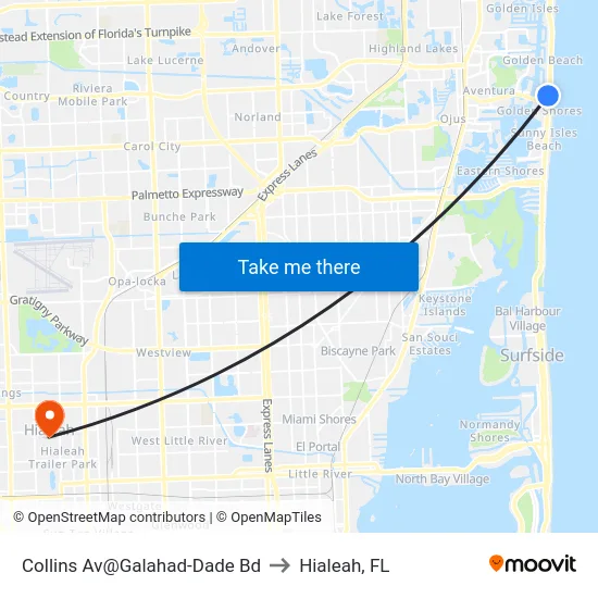 Collins Av@Galahad-Dade Bd to Hialeah, FL map