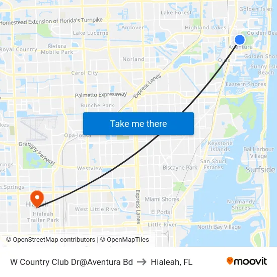 W Country Club Dr@Aventura Bd to Hialeah, FL map