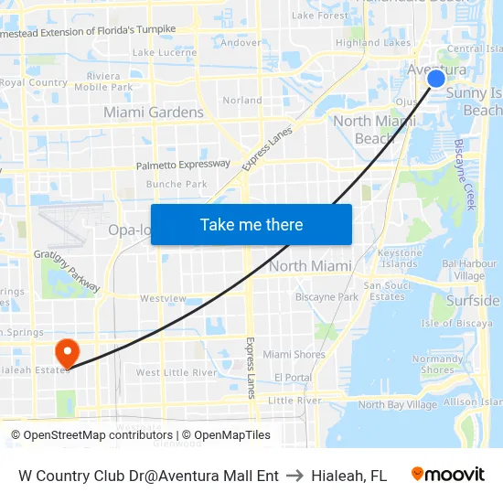 W Country Club Dr@Aventura Mall Ent to Hialeah, FL map