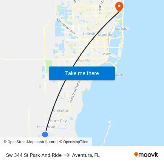 Sw 344 St Park-And-Ride to Aventura, FL map