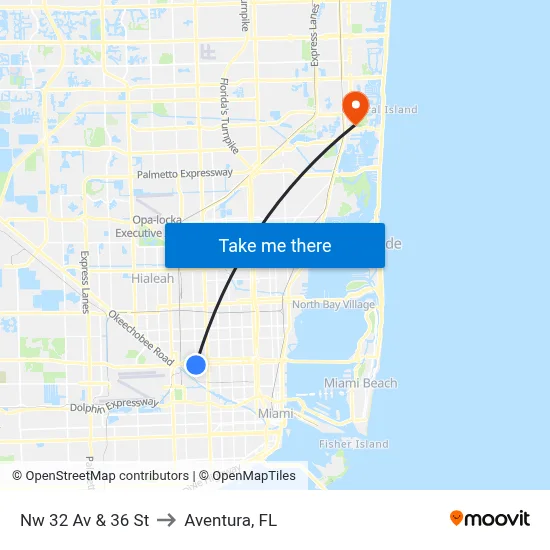 Nw 32 Av & 36 St to Aventura, FL map