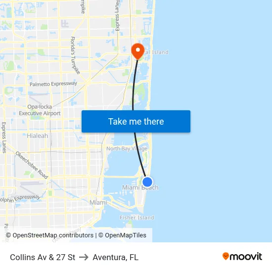 Collins Av & 27 St to Aventura, FL map