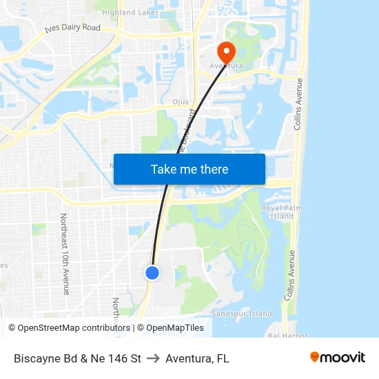 Biscayne Bd & Ne 146 St to Aventura, FL map