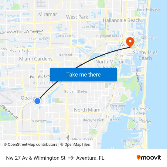 Nw 27 Av & Wilmington St to Aventura, FL map