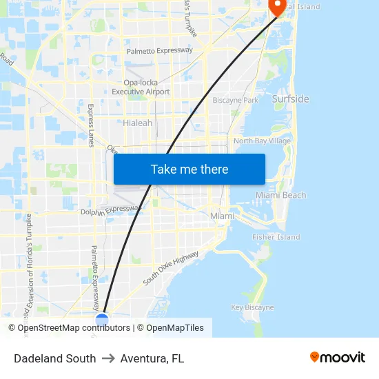 Dadeland South to Aventura, FL map