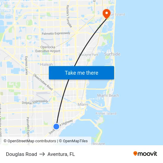 Douglas Road to Aventura, FL map