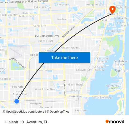 Hialeah to Aventura, FL map