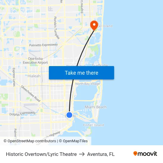 Historic Overtown/Lyric Theatre to Aventura, FL map