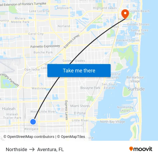 Northside to Aventura, FL map