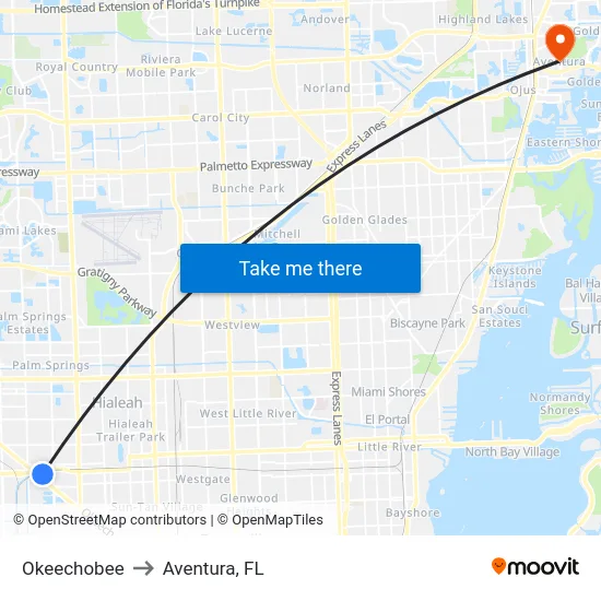 Okeechobee to Aventura, FL map