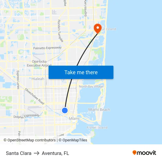 Santa Clara to Aventura, FL map