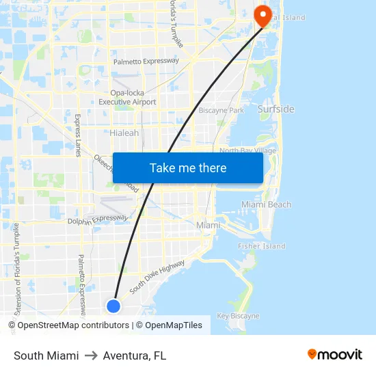 South Miami to Aventura, FL map