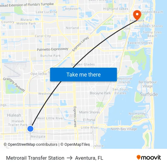 Metrorail Transfer Station to Aventura, FL map
